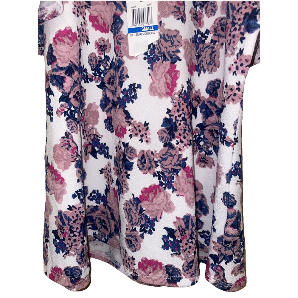 Ultra Flirt Womens Floral Cold Shoulder Ruffle Top Purple Pink Small 3D464 - Picture 5 of 13
